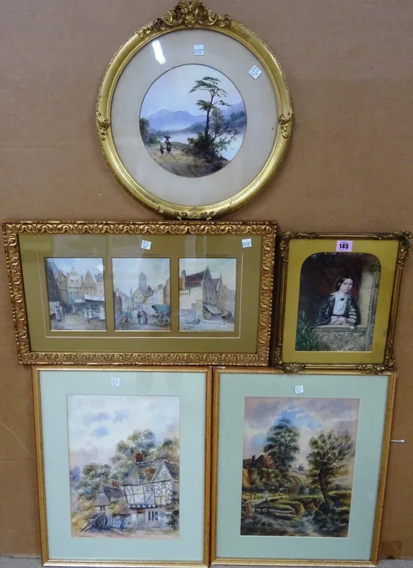 A group of five, including a study of a girl in the manner of George Baxter, two cottage scenes, a circular landscape, and three town scenes framed as