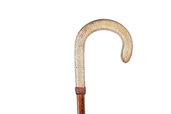 A shagreen mounted coromandel walking stick, late 19th century, the shagreen handle over a rattan collar and square tapering shaft, 91.5cm. Illustrate