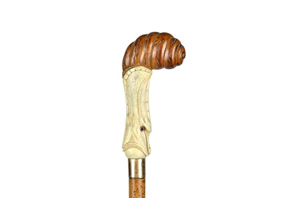 A marine ivory topped malacca walking cane, late 19th century, the handle carved with a mythological dolphin emerging from a carved wooden shell, with