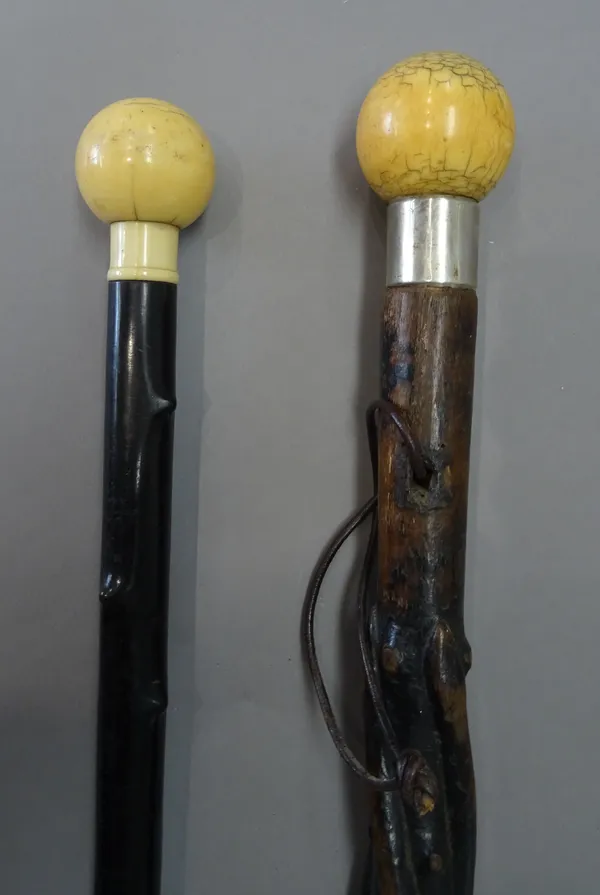 A Victorian ivory topped wooden walking cane, with spherical ivory pommel and snake entwined carved wooden shaft (91.5cm) and a similar Victorian ivor