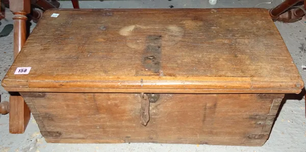 An early 20th century hardwood and metal bound box with wrought iron handles, 66cm wide.  H5