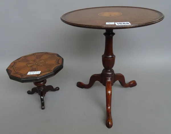 A mid-18th century style apprentice/diminutive inlaid occasional table, 19th century, 27cm diameter, together with a parquetry inlaid snap top centre