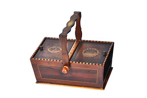 Killarney ware, a 19th century inlaid arbutus twin lidded box with swing-over handle, 24cm wide x 19cm high x 20cm deep. Illustrated