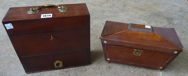 An early 19th century mahogany apothecary box, (lacking interior), 25cm wide x 23cm high x 9cm deep, together with a Regency rosewood tea caddy, 27cm