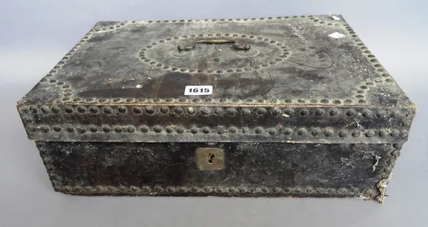 An 18th century and later rectangular lift top box with studded leather veneer, 43cm wide x 15cm high x 28cm deep. Provenance; Property from Prudence