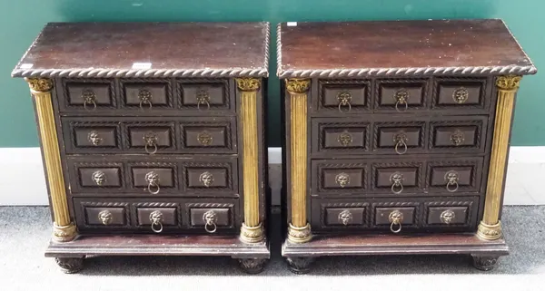A pair of 17th century style North Italian miniature chests each of four long drawers flanked by gilt fluted pilasters on carved bun feet, 46cm wide x