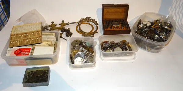 Horological interest, comprising; a quantity of mantel clock and pocket watch movements, parts and sundry, (qty).   S3B