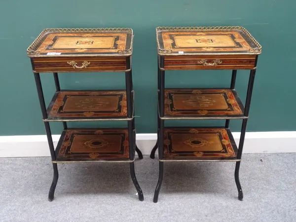 A pair of Victorian marquetry inlaid mahogany and ebonised three tier etageres on splayed supports, 50cm wide x 80cm high x 38cm deep (2).