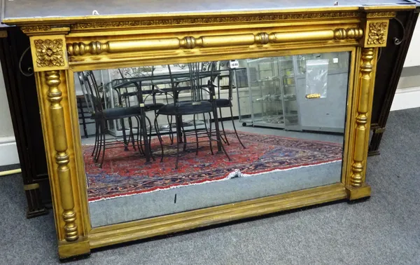 A William IV gilt framed overmantel mirror, with split turned decoration, 149cm wide x 86cm high.