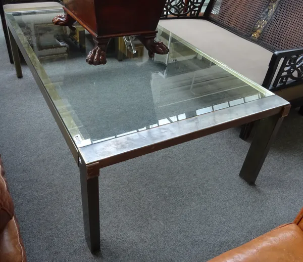 A mid-20th century lacquered brass rectangular coffee table, on block supports, 92cm wide x 50cm high x 169cm long.