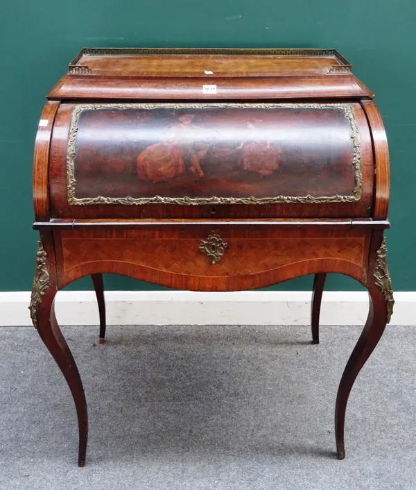 A late 19th century gilt metal mounted parquetry inlaid and Vernis Martin decorated bonheur du jour, with fitted interior over single frieze drawer on