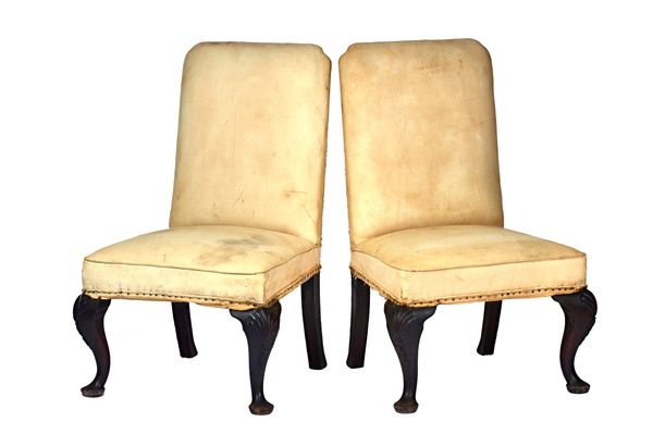 A pair of George I style square back side chairs on shell capped cabriole supports and pad feet, 70cm wide x 107cm high (2). Illustrated