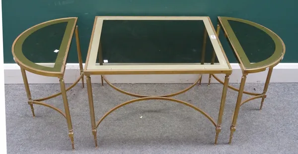 A nest of three 20th century lacquered brass occasional tables with smoke glass insets to comprise rectangular 65cm wide x 49cm high x 55cm deep and t