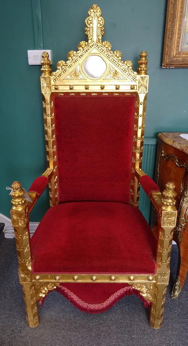A pair of gold and silver open arm throne chairs with burgundy upholstery, 76cm wide x 167cm high (2).