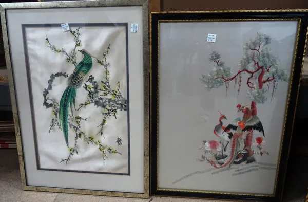 A group of three, including a Chinese watercolour on pith paper of a street vendor, and two Oriental pictures on silk.(3)  F1