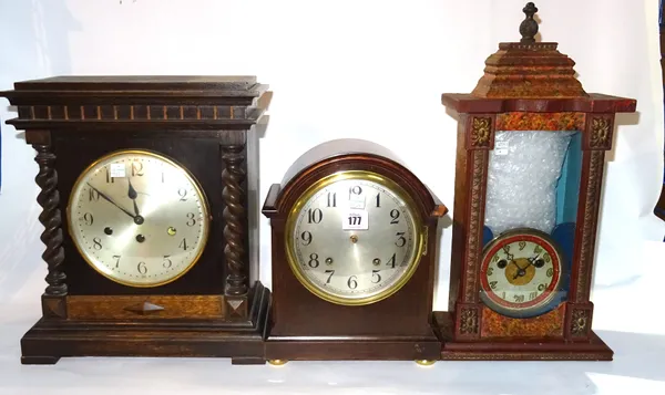 A group of five 20th century mahogany mantel clocks, including an 8 day mahogany clock, 28cm. (5). S4M