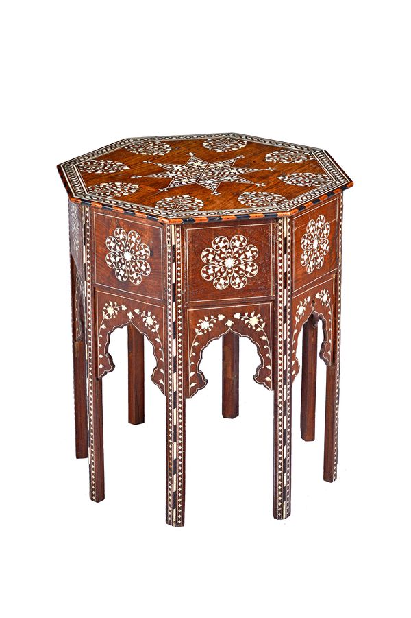 A late 19th century Indian Hoshiarpur ivory inlaid hardwood octagonal occasional table with Islamic arched frieze, 53cm wide x 57cm high. Illustrated