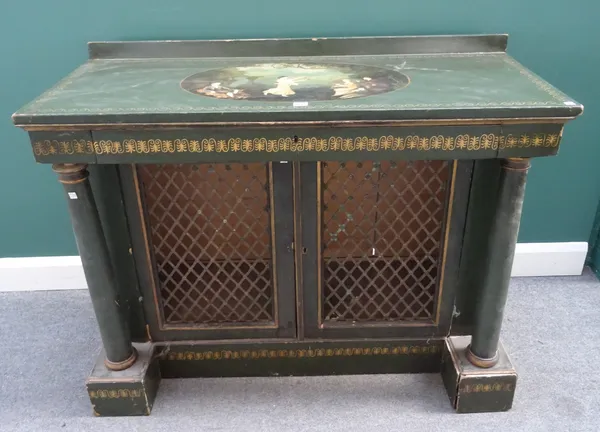 A 19th century pine side cabinet with fitted frieze drawer over pair of grille doors flanked by turned columns, later painted with 18th century scenes