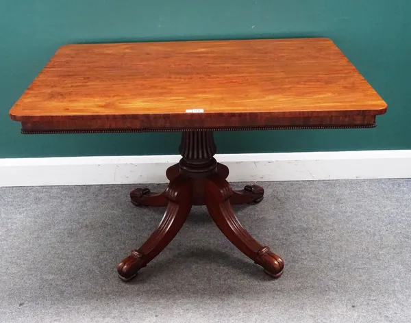 Attributed to Gillows; a Regency mahogany centre table, the rectangular snap top on reeded column and four downswept supports, 115cm wide x 71cm high