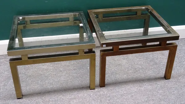 A pair of mid-20th century lacquered brass square occasional tables, on block supports, 60cm wide x 41cm high (2).