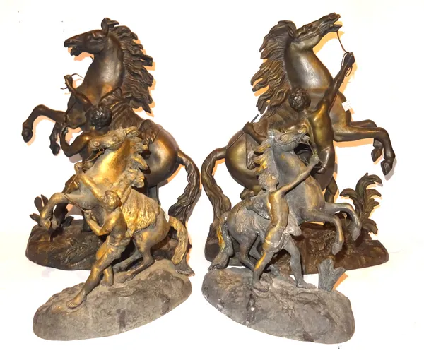 Coustou; two pairs of 20th century spelter Marly horses, the larger pair 38cm wide x 50cm high and 25cm wide x 30cm high, 940.  S2B