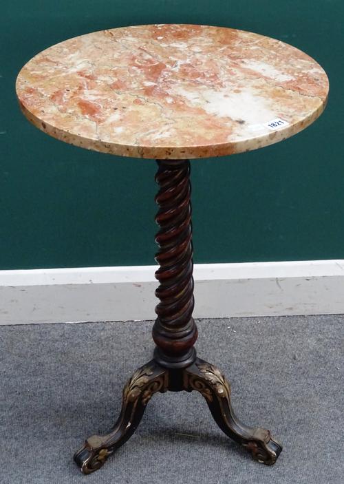 A Victorian occasional table, the associated circular marble top on a parcel gilt mahogany spiral fluted column and tripod base, 47cm deep x 74cm high