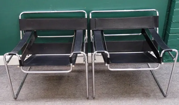 After Marcel Breuer; a pair of Wassily model No B3 easy armchairs, upholstered in black leather, 78cm wide x 74cm high (2).