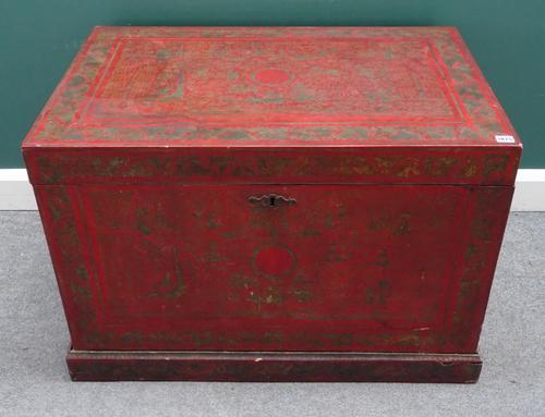 A 19th century scarlet japanned chinoiserie lift top trunk on stand 96cm wide x 63cm, high and a similar decorated tray on folding stand, 78cm wide (2