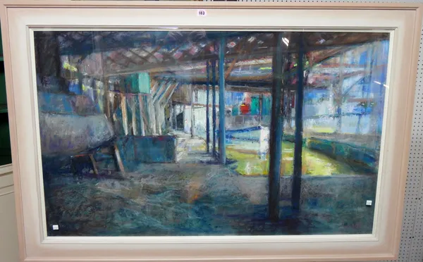 Roger Dellar (contemporary), Boatyard on the Thames, pastel, signed, 72cm x 117cm.  G1