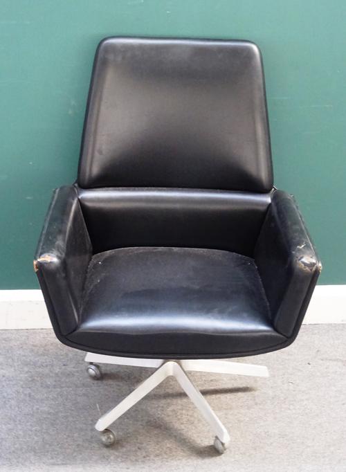 C. W. F. France & Son, Made in Denmark; a mid-20th century black leather upholstered square back office chair on chrome five point base, 70cm wide x 1