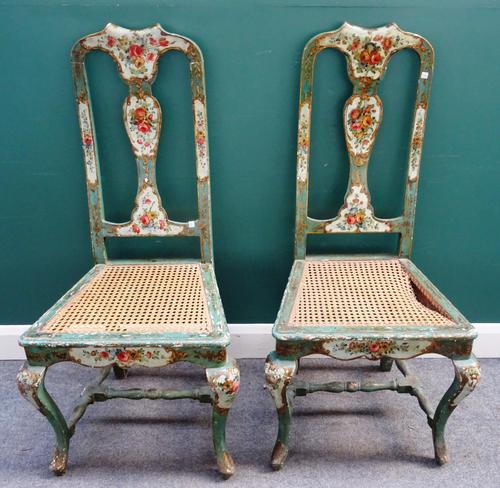 A pair of early 18th century style polychrome painted North Italian high back side chairs, on cabriole supports, 19th century, 60cm wide x 118cm high