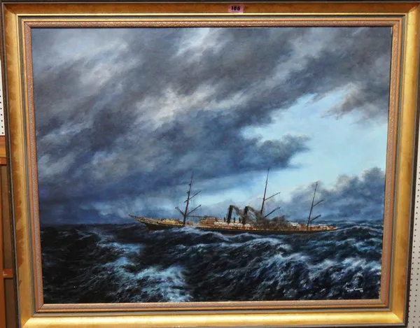 A group of four, including; Peter Gibson, A Steam Ship in a Squall, oil on canvas, another oil of a ship leaving harbour and two pastels of boats, (4)