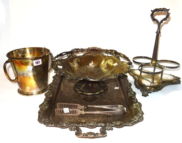 Silver plated wares, including; a tray, a three division bottle holder, fruit bowl and sundry, (qty).   S4M