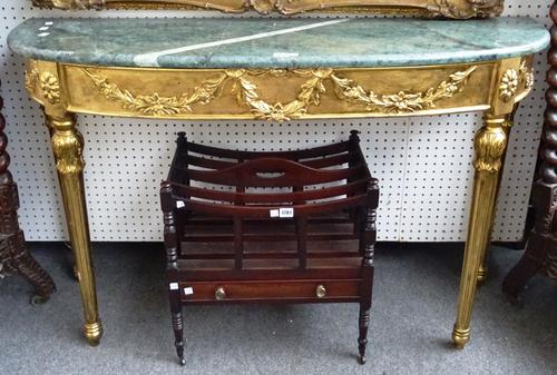 A George III style console table, the 'D' shaped marble top over a gilt base with floral moulded frieze, with four fluted supports, 133cm wide x 82cm