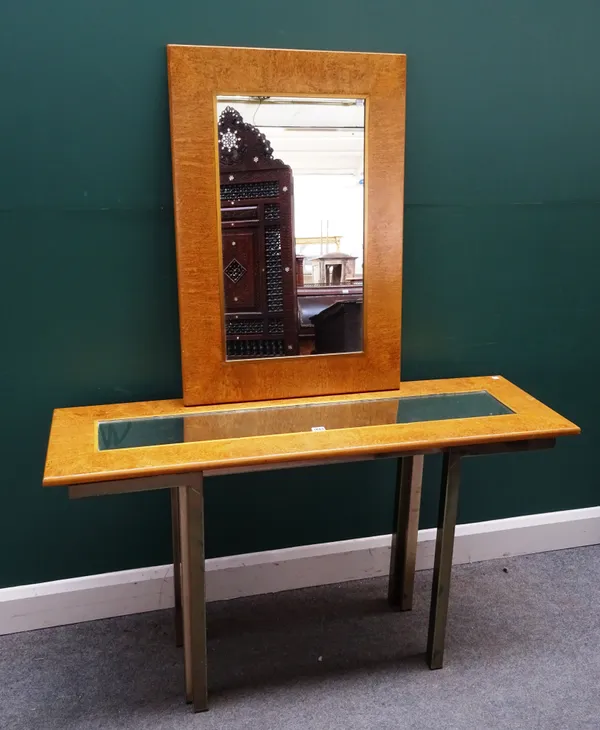 A 20th century figured walnut and lacquered brass console table with mirror en suite, 130cm wide x 163cm high x 41cm deep.