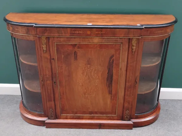 A Victorian gilt metal mounted marquetry inlaid walnut credenza with central panel door, flanked by rounded glazed doors, on plinth base, 153cm wide x