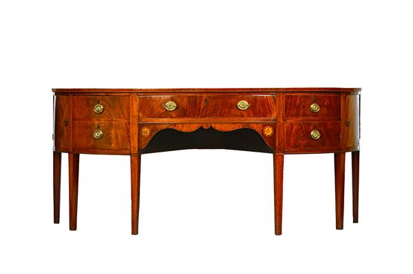 A George III inlaid mahogany semi-elliptic sideboard, with four frieze drawers flanked by cupboards on tapering square supports, 213cm wide x 93cm hig