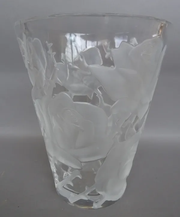 A modern Lalique clear and frosted crystal vase, 'Isfahan' pattern moulded with roses against a tapering cylindrical body, etched 'Lalique France' to