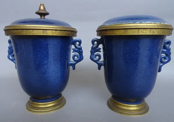 A pair of Samson porcelain powder blue- ground two- handled vases and covers  with gilt-metal mounts, late 19th century, (a.f), 17cm. high; also a pai