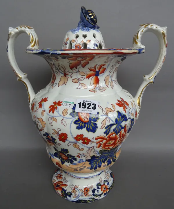 An Ironstone china pot pourri two- handled vase and cover, possibly Minton,circa 1835, decorated in a foliate Imari pattern detailed 'AMHERST JAPAN ST