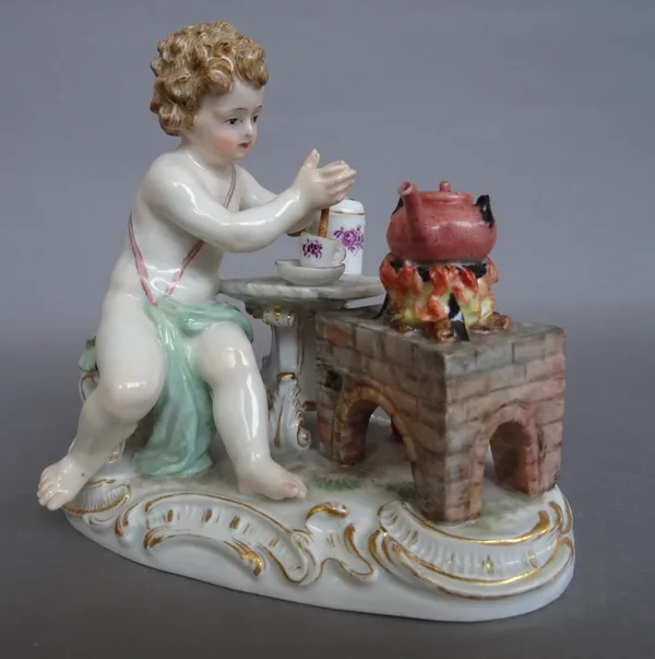 A Meissen porcelain figure of a putto preparing hot chocolate, late 19th/early 20th century, representing Fire from a series of the four elements, rai