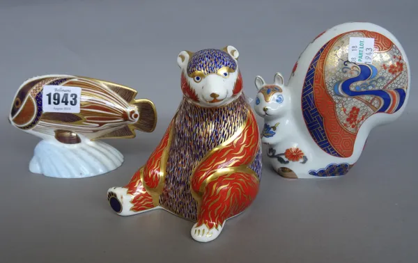 Five Royal Crown Derby Imari pattern paperweights comprising; seated bear, fox, pheasant, fish and bulldog and one further similar Japanese porcelain