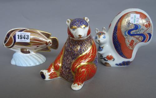 Five Royal Crown Derby Imari pattern paperweights comprising; seated bear, fox, pheasant, fish and bulldog and one further similar Japanese porcelain