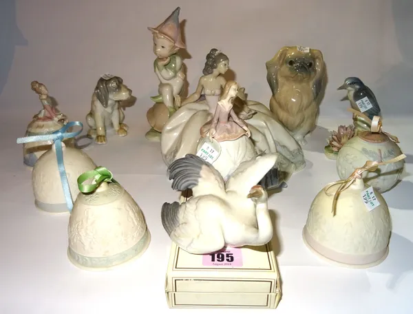 Ceramics, comprising; Lladro animals, bells and figures, (14).   S4T