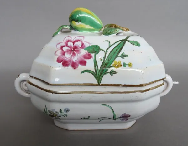 A Proskau faience small two-handled tureen and cover, circa 1770, of canted rectangular form, painted with flower sprays, the stepped cover with fruit