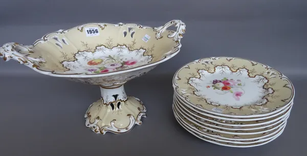 An English porcelain dessert service, possibly Samuel Alcock, circa 1840,  painted with wild flowers within a pierced and shaped buff wide border, com