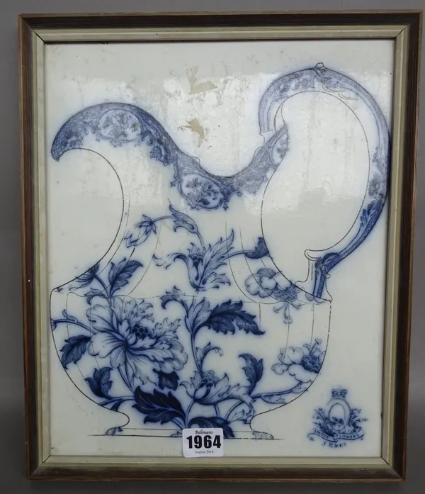 An unusual Cauldon pottery double-sided sample tile, early 20th century, one side depicting a jug printed in blue with the `Candia' pattern, the rever