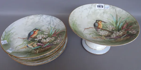 A French porcelain part dessert service, late 19th century, hand painted with wild birds, comprising; a circular footed tazza (7cm high), two low stan