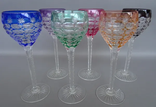 A set of six Bohemian coloured cut glass hock glasses, early 20th century, each with star cut base, 20.5cm high (6)