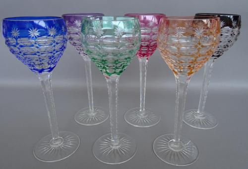 A set of six Bohemian coloured cut glass hock glasses, early 20th century, each with star cut base, 20.5cm high (6)